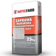 Worek zaprawy murarskiej cienkowarstwowej białej Imprefarb 25kg z wizualizacją murowania.