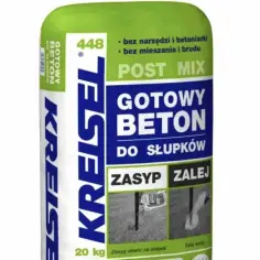 Worek z napisem "GOTOWY BETON DO SŁUPKÓW POST MIX". Produkt ułatwia szybkie osadzanie słupków bez mieszania i brudu.