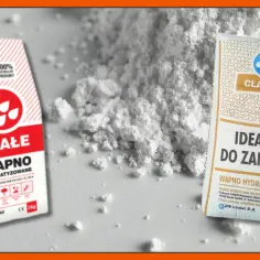 Dwa worki białego wapna hydratyzowanego, jednego z napisem "Białe Wapno", drugiego "Classic". Czy wapno hydratyzowane jest szkodliwe? Nie, jest to naturalny produkt budowlany.