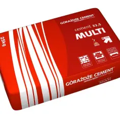 Worek cementu Górażdże MULTI 25kg z białymi pasami na czerwonym tle.