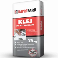 Worek białego kleju do styropianu Imprefarb 25kg. Produkt przeznaczony do przyklejania płyt styropianowych na zewnątrz i wewnątrz budynków.