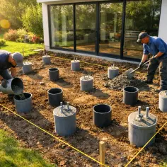 Montaż słupków ogrodzeniowych bez betonu. Dwóch mężczyzn wylewa beton do form, przygotowując fundamenty pod ogrodzenie.
