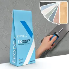 Szybko schnący beton Epodex 1K Concrete Effect w worku, próbki kolorów i kielnia. Nowoczesne wzornictwo i łatwa aplikacja.