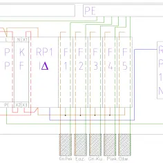 Schemat rozdzielnicy elektrycznej z zabezpieczeniami i wyjściami na poszczególne obwody: Gn.Pok., Łaz., Gn.Ku., Piek., Ośw.