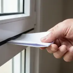 Dłoń wsuwa kartkę papieru w szparę okna, by sprawdzić jego szczelność.