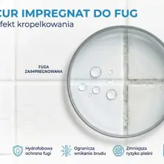 Nanosecur Impregnat do fug: porównanie fugi zaimpregnowanej (efekt kropelkowania) i niezaimpregnowanej, pokazujące, jak rozrobić fugę i chronić ją przed brudem i pleśnią.