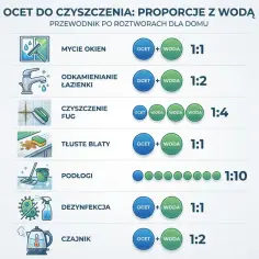 Przewodnik po proporcjach octu i wody do czyszczenia: mycie okien, odkamienianie, fugi, blaty, podłogi, dezynfekcja, czajnik.
