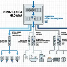 Schemat instalacji elektrycznej domu jednorodzinnego: rozdzielnica główna, obwody oświetlenia, gniazd, łazienki, kuchni i urządzeń dużej mocy.