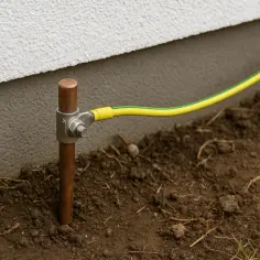 Uziemienie w starej instalacji: miedziany szpikulec w ziemi, do którego podłączony jest żółto-zielony przewód.
