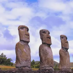 Rząd kamiennych posągów Moai na Wyspie Wielkanocnej. Każdy monolit, wyrzeźbiony z wulkanicznego tufu, patrzy w głąb lądu.