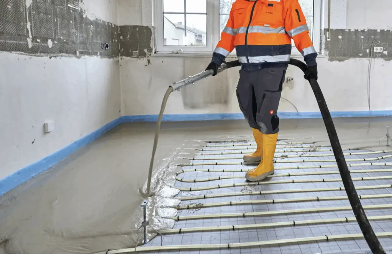 Robot w pomarańczowej kamizelce wylewa beton na wylewkę z ogrzewaniem podłogowym.