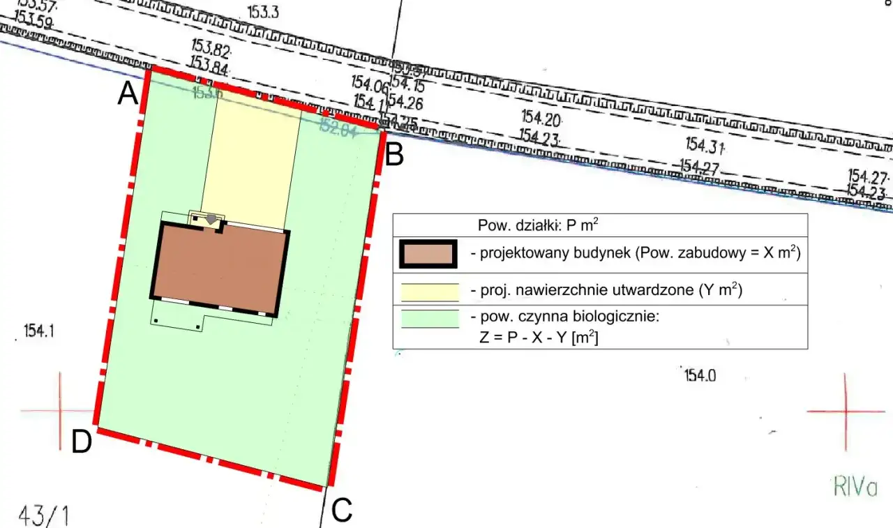 Plan działki z zaznaczonym budynkiem. Widać teren zielony, utwardzony i projektowany budynek. To jest wzór planu zagospodarowania.