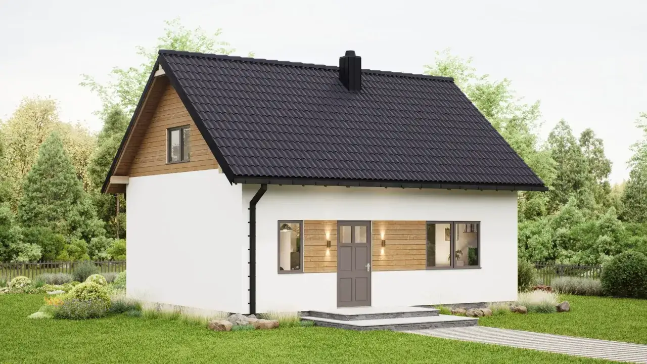 Uroczy dom rekreacji indywidualnej z białymi ścianami, drewnianymi akcentami i czarnym dachem, otoczony zielenią.