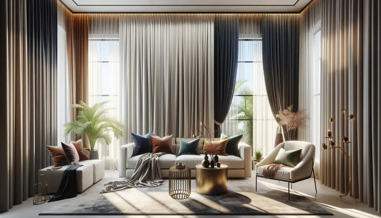 Elegancki salon z białymi meblami, złotymi dodatkami i zasłonami. Ciemny, czarny karnisz w salonie podkreśla nowoczesny charakter wnętrza.