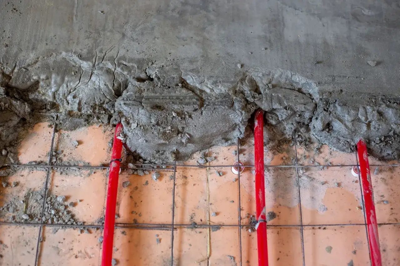 Czerwone rurki ogrzewania podłogowego wylewane betonem. Siatka zbrojeniowa i pomarańczowe płytki podłogowe.