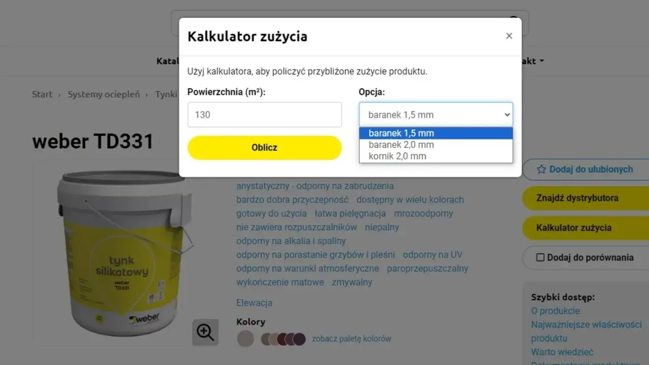 Kalkulator zużycia tynku silikonowego weber TD331. Wybierz opcję 