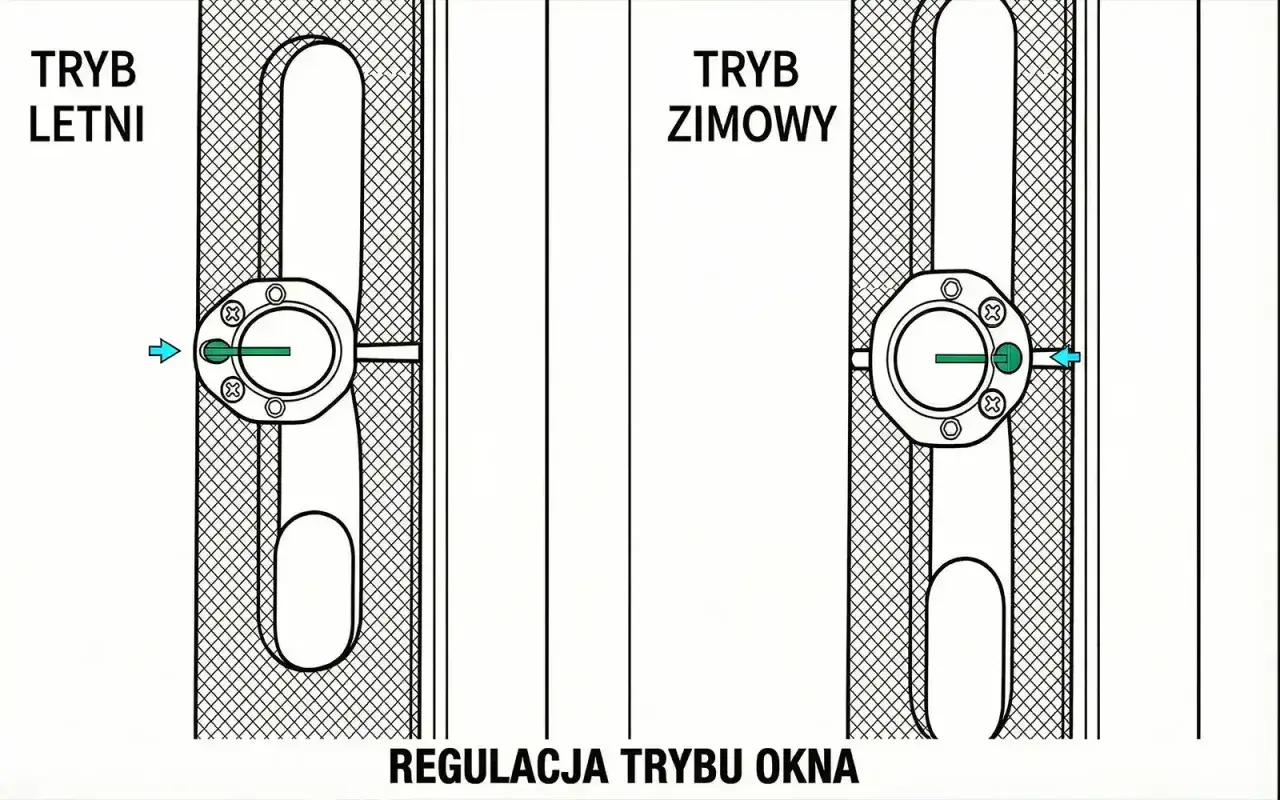 Ilustracja pokazuje regulację trybu okna: letniego i zimowego. Dowiedz się, ile kosztuje regulacja okna, aby cieszyć się komfortem.