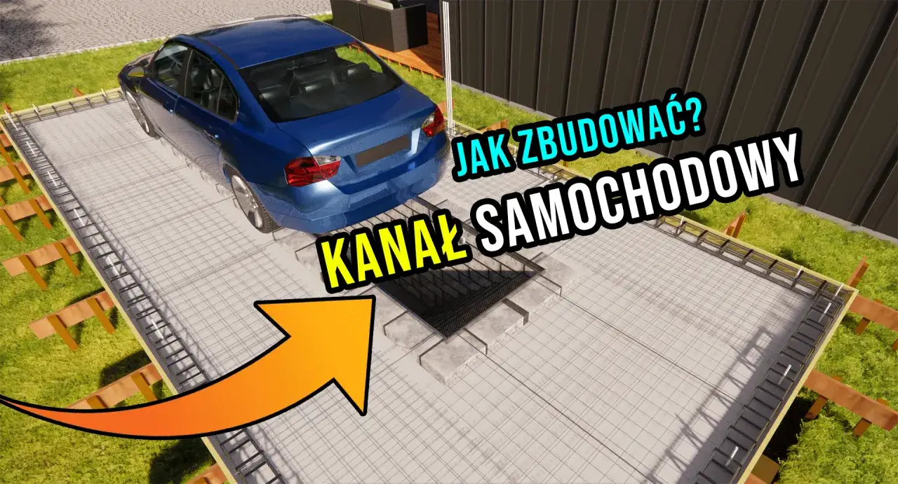 Jak zrobić kanał samochodowy? Budowa kanału w garażu krok po kroku. Niebieski samochód stoi obok placu budowy.