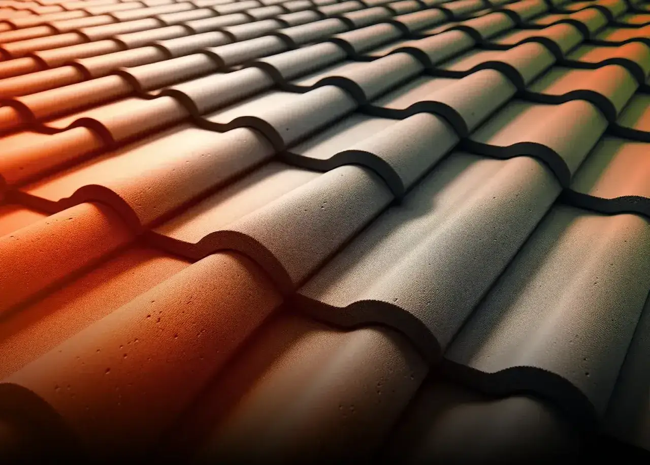 Zbliżenie na dachówkę betonową i ceramiczną, z ciepłym oświetleniem podkreślającym teksturę.