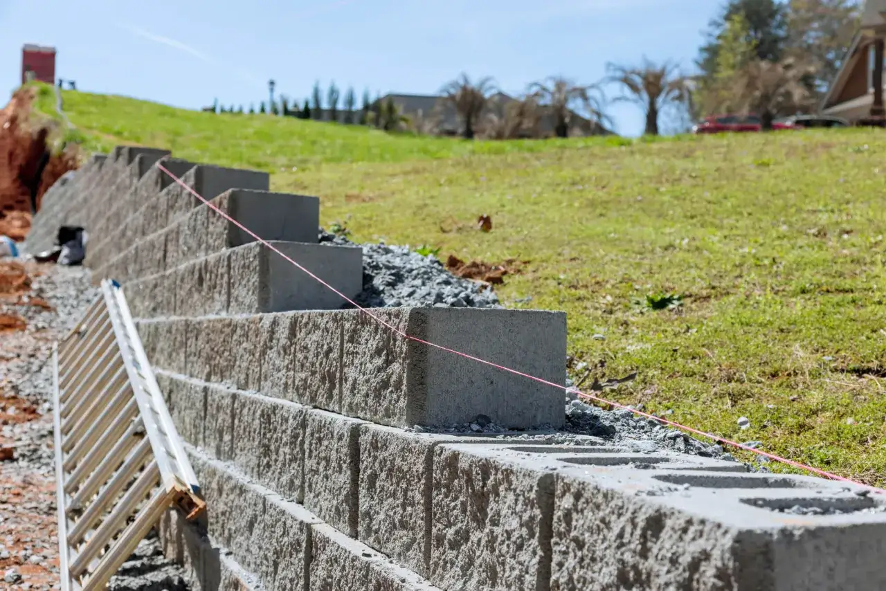 Budowa muru z bloczków betonowych na zboczu. Widać drabinę i sznur geodezyjny.