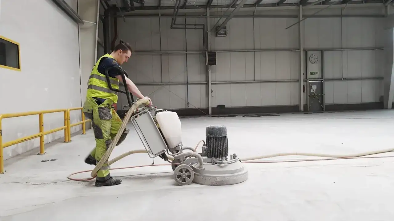 Pracownik w kamizelce odblaskowej wykonuje ręczne szlifowanie betonu za pomocą maszyny.