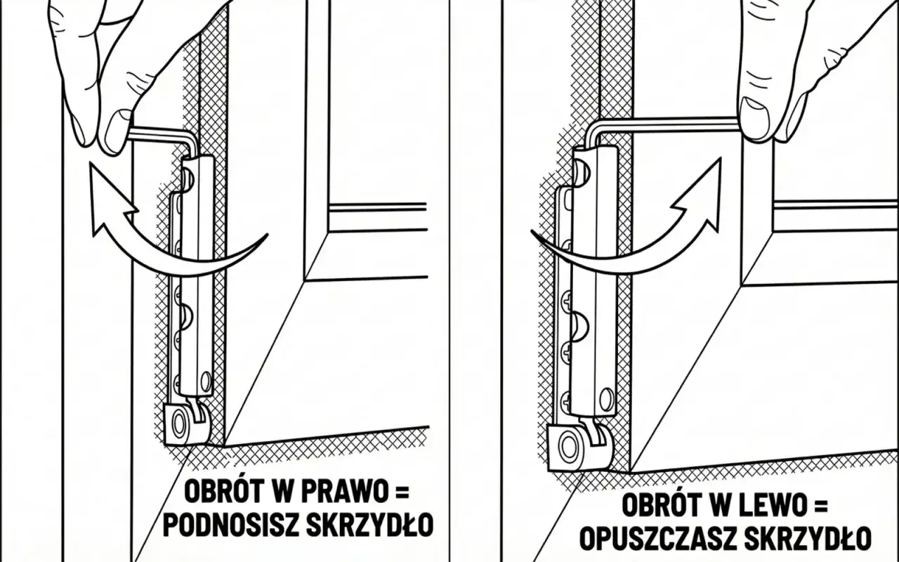 Instrukcja regulacji okna: obrót kluczem w prawo podnosi skrzydło, w lewo opuszcza. Dowiedz się, ile kosztuje regulacja okna.