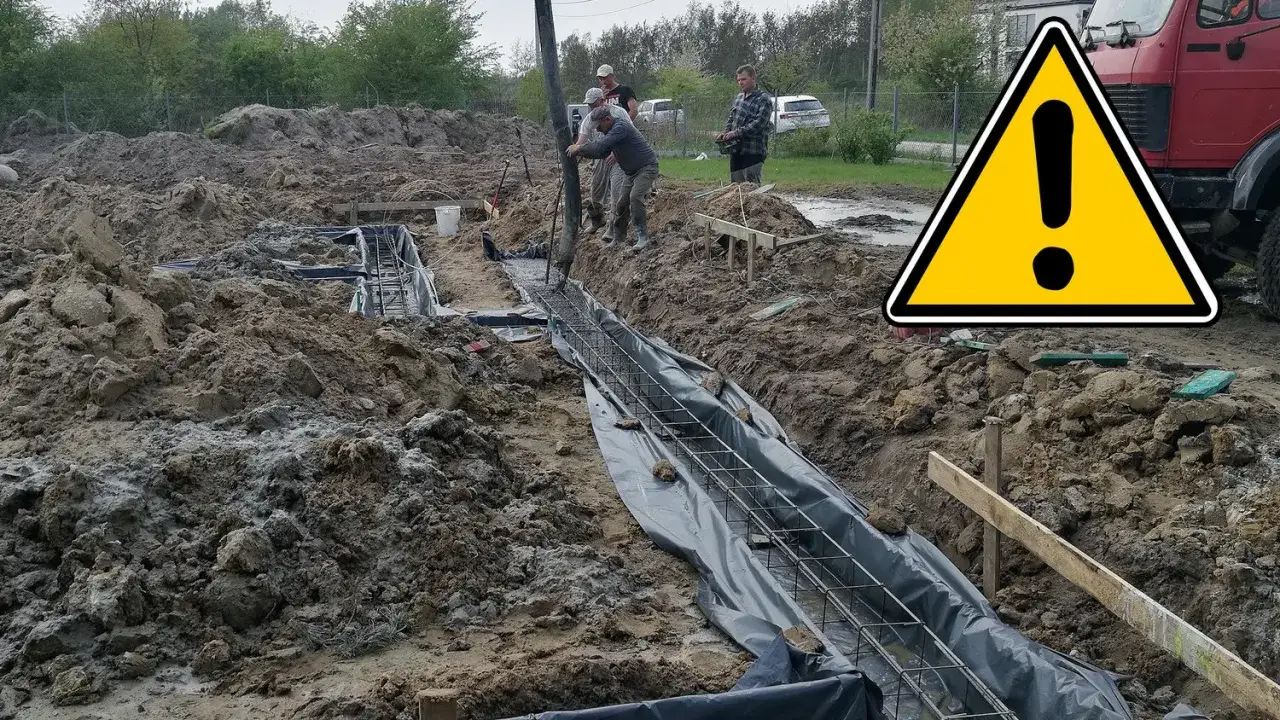 Pracownicy wylewają beton do szalowania ław fundamentowych. Widać zbrojenie i koparkę.
