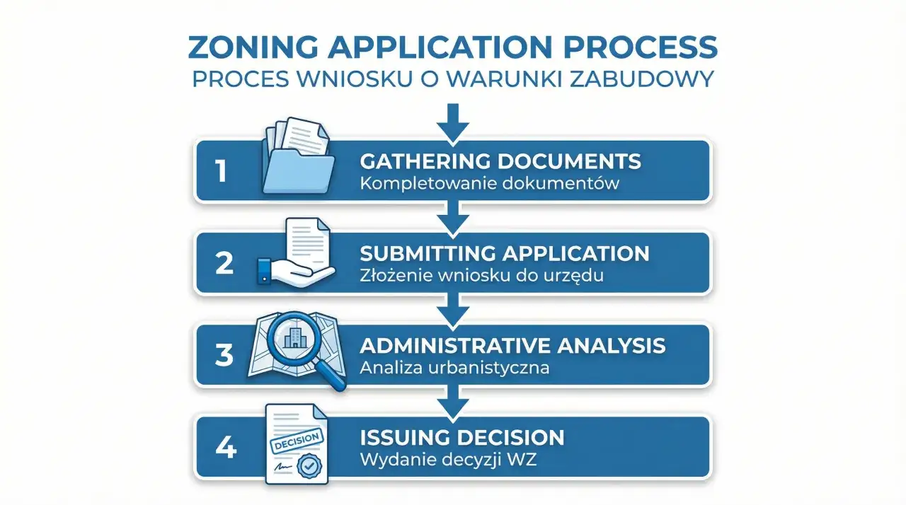 Schemat procesu uzyskania decyzji WZ: kompletowanie dokumentów, złożenie wniosku, analiza urbanistyczna, wydanie decyzji.