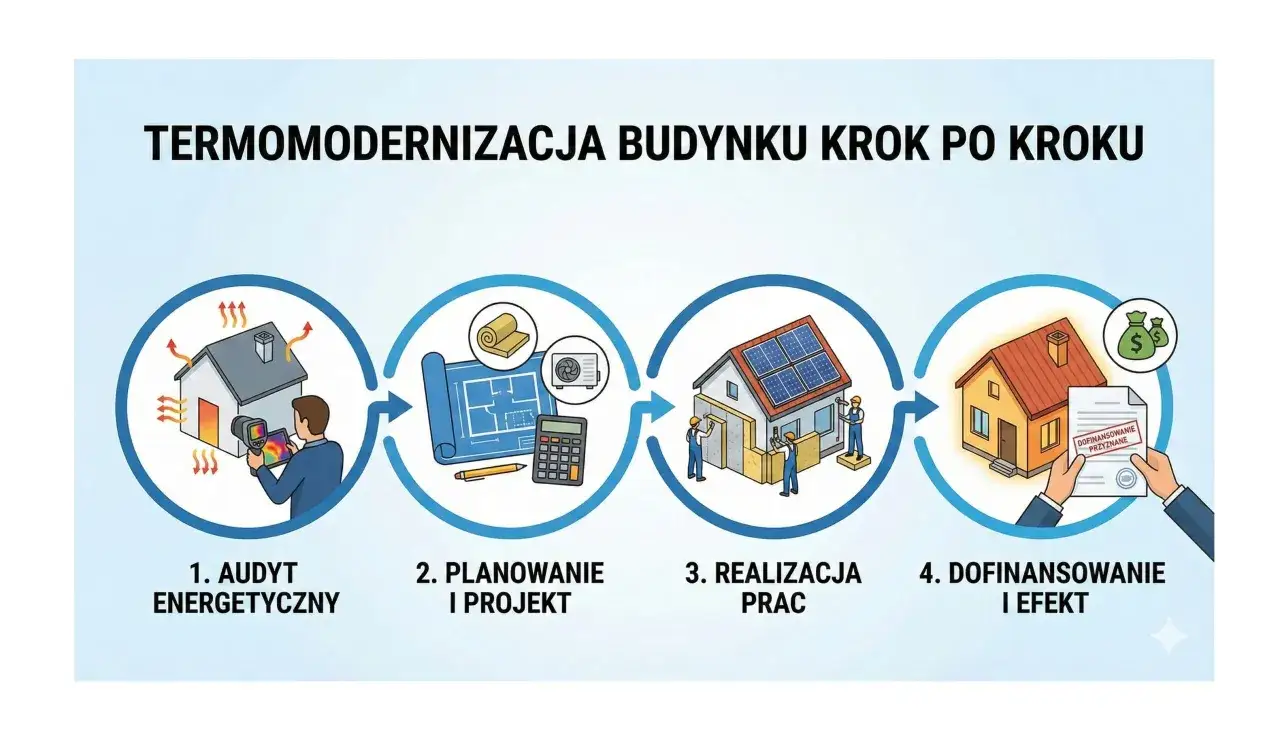 Schemat pokazuje, co obejmuje termomodernizacja budynku: audyt energetyczny, planowanie, realizację prac i dofinansowanie.