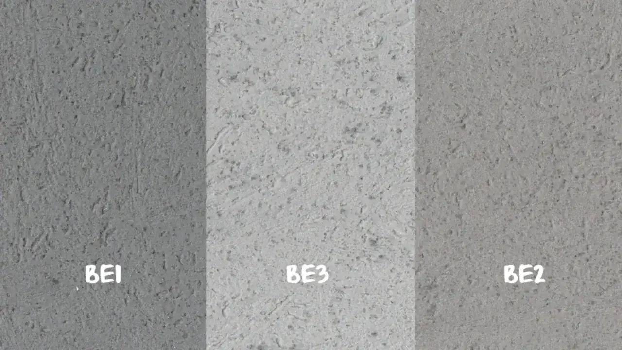 Trzy odcienie beton dekoracyjny kolory: ciemnoszary BE1, jasnoszary BE3 i średnioszary BE2.