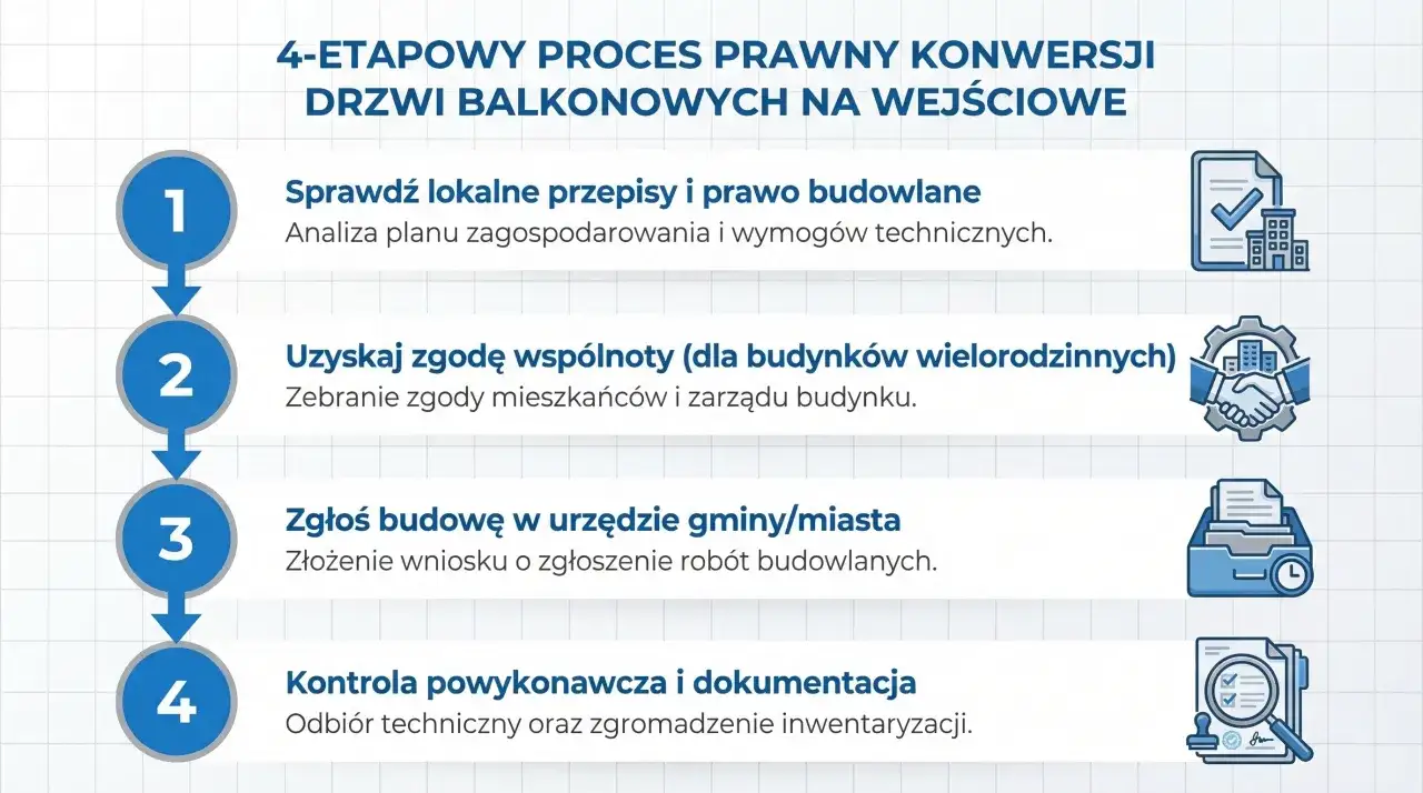 4-etapowy proces prawny konwersji drzwi balkonowych na wejściowe: sprawdź przepisy, uzyskaj zgodę wspólnoty, zgłoś budowę, kontrola i dokumentacja.
