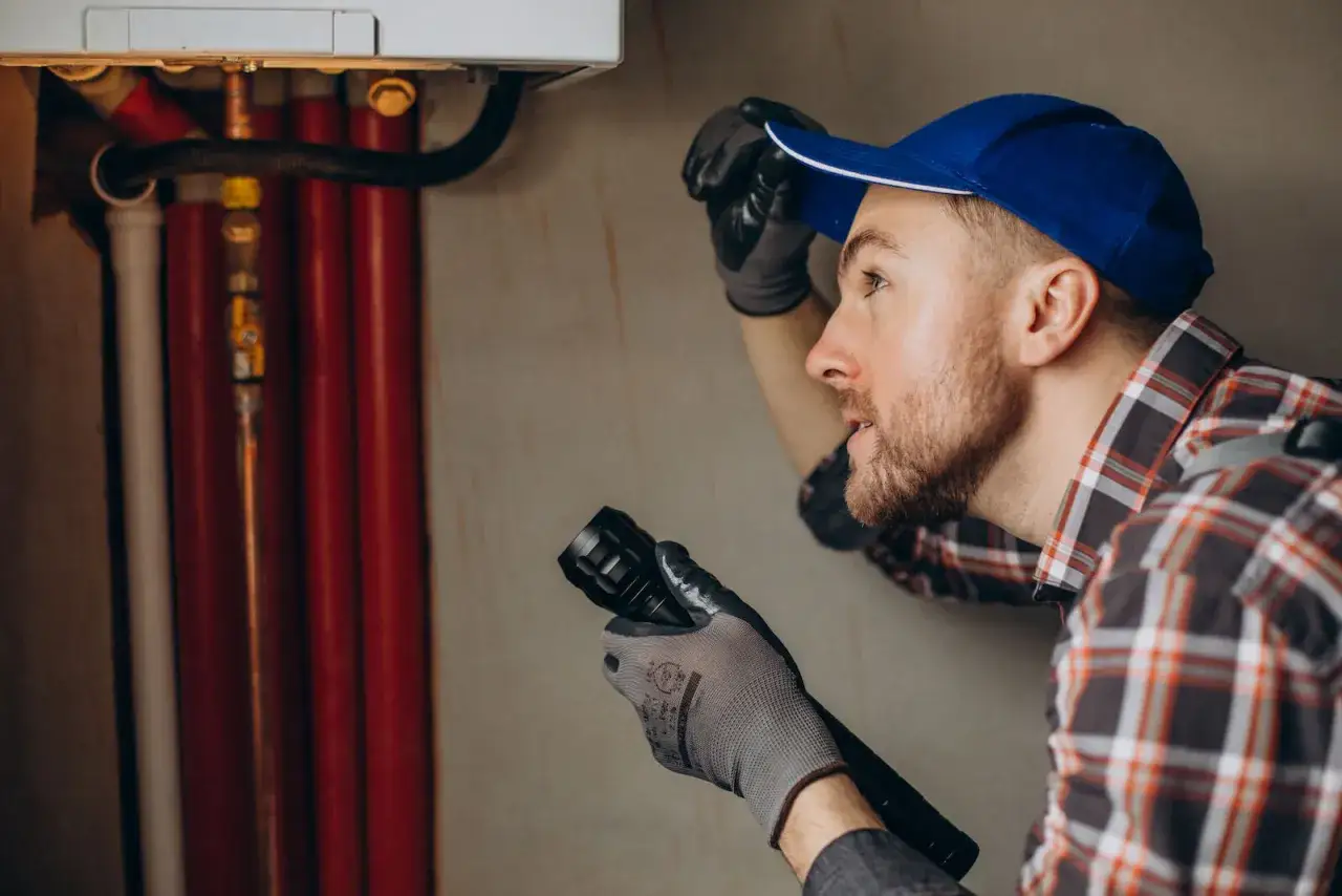 Instalator sprawdza latarką pion sanitarny w bloku, widoczne czerwone rury i biała rura.