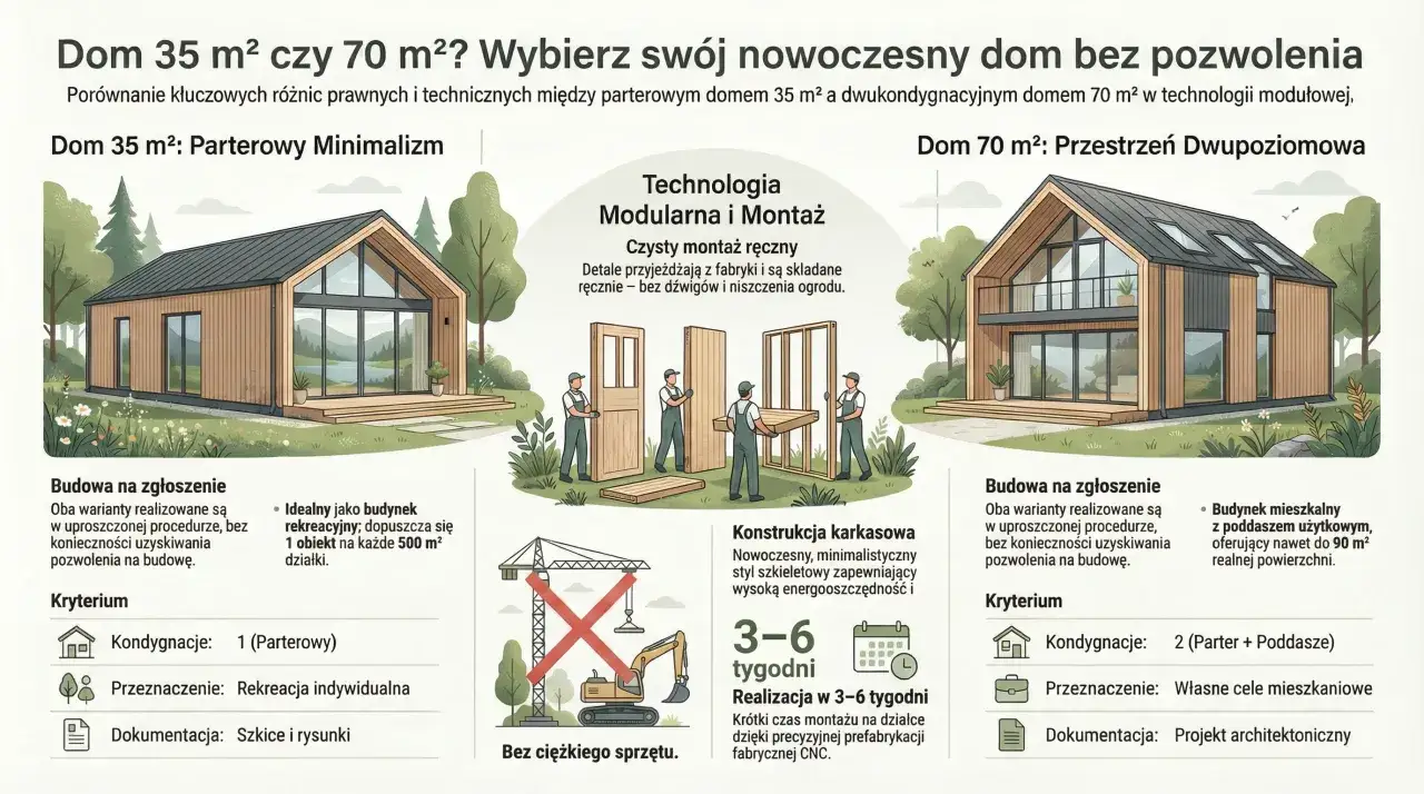 Porównanie domów: 35m² parterowy minimalizm i 70m² dwupoziomowy. Oba to domy rekreacji indywidualnej, budowane bez pozwolenia.
