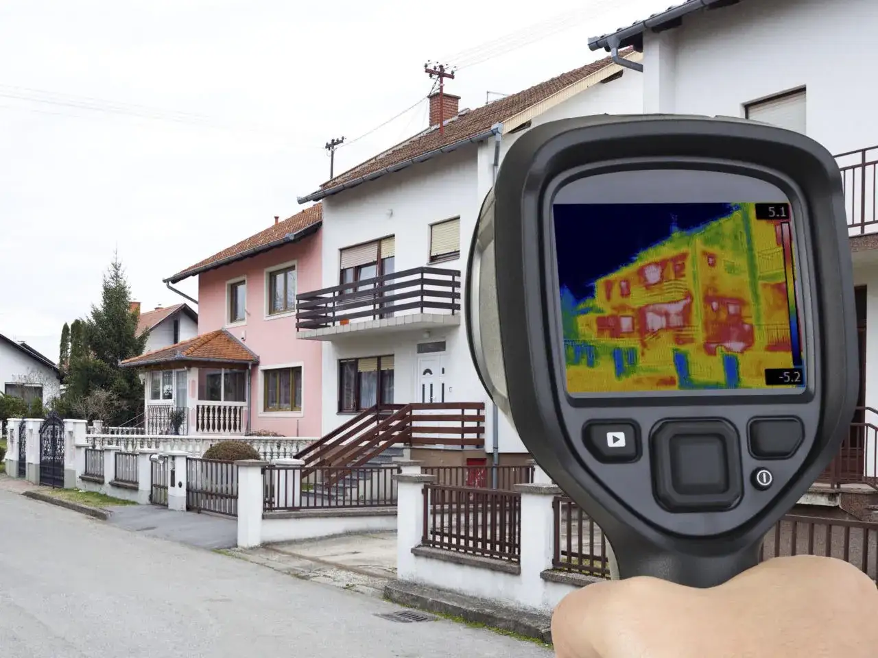 Termomodernizacja budynku: kamera termowizyjna pokazuje straty ciepła na fasadzie.