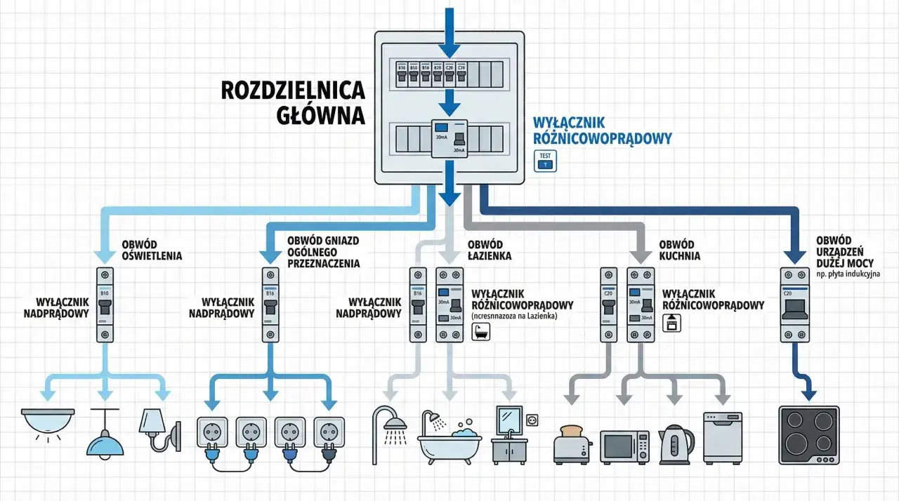 Schemat elektryczny domu pokazuje rozdzielnicę główną, obwody oświetlenia, gniazd, łazienki, kuchni i urządzeń dużej mocy.