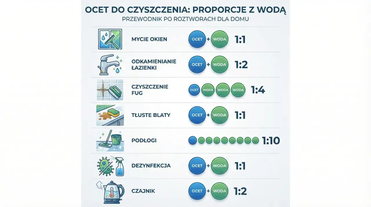 Przewodnik po proporcjach octu i wody do czyszczenia: mycie okien, odkamienianie, fugi, blaty, podłogi, dezynfekcja, czajnik.