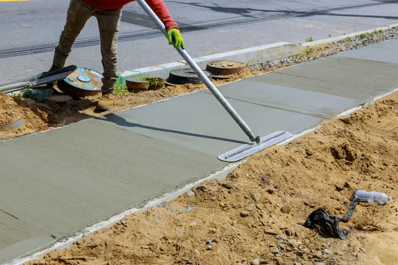 Robotnik wygładza świeży beton na chodniku. Zastanawiasz się, ile to jest kubik betonu?