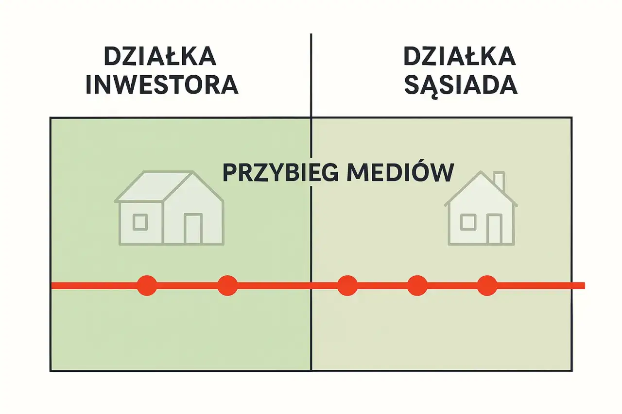 Schemat przedstawia przebieg mediów przez działkę inwestora i sąsiada. Potrzebna zgoda właściciela działki na wykonanie przyłącza.