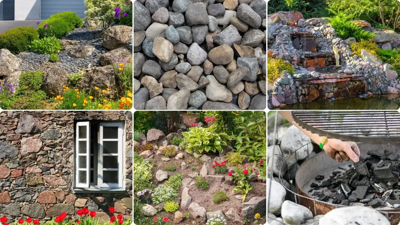Kamienista skarpa z polnych kamieni, ozdobiona kwiatami i zielenią, tworzy naturalny krajobraz.