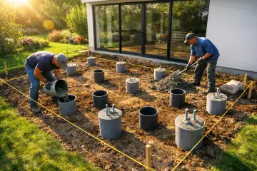 Montaż słupków ogrodzeniowych bez betonu. Dwóch mężczyzn wylewa beton do form, przygotowując fundamenty pod ogrodzenie.